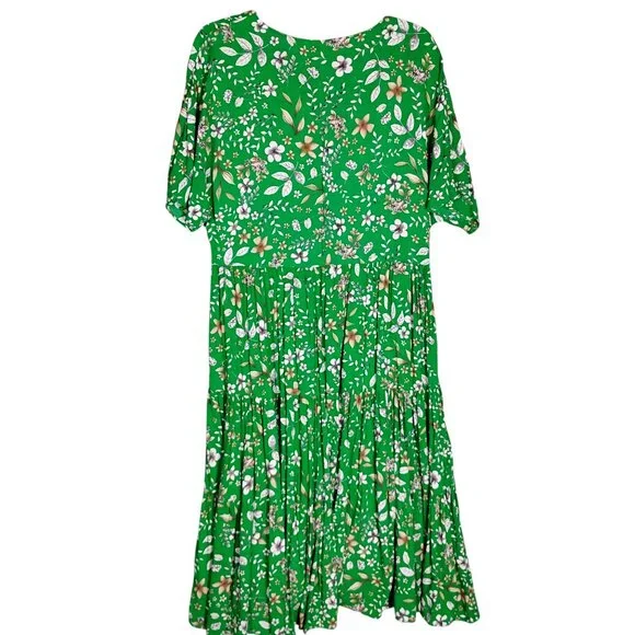 Zara Tiered Floral Green Dress Size Medium V Neck Short Sleeve Pullover - Picture 6 of 11